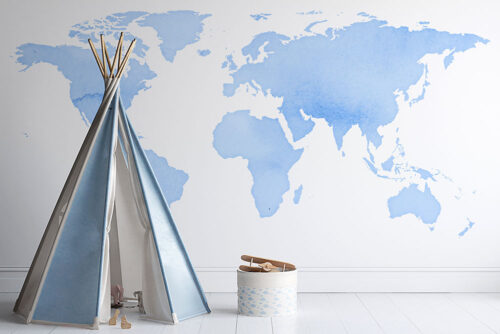 Blue world map peel and stick wall mural