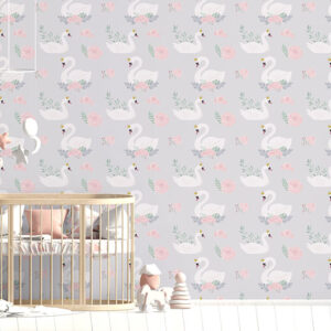 Swan and pink rose pattern printed on peel and stick vinyl wallpaper