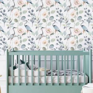 Peel and stick wallpaper with floral and crane bird pattern