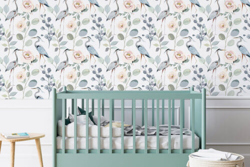 Peel and stick wallpaper with floral and crane bird pattern