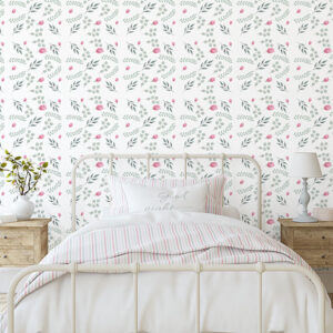 Rosebuds and Eucalyptus pattern printed on peel and stick wallpaper
