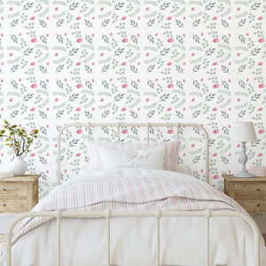 Rosebuds and Eucalyptus pattern printed on peel and stick wallpaper