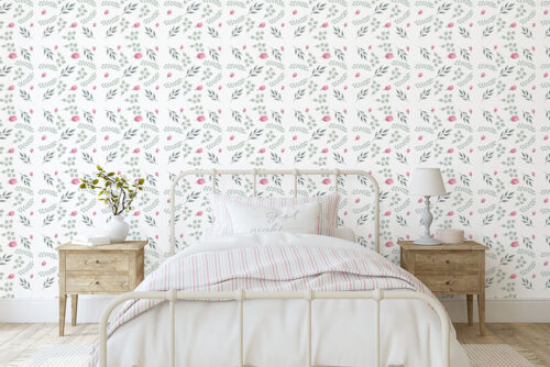 Rosebuds and Eucalyptus pattern printed on peel and stick wallpaper