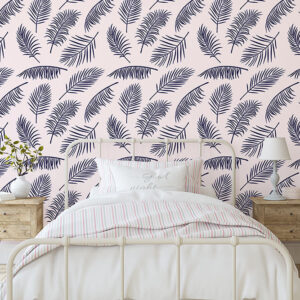 Peel and stick wallpaper with pink background and palm tree leaf pattern