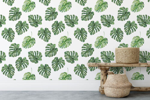 watercolour tropical leaf pattern on peel n stick wallpaper