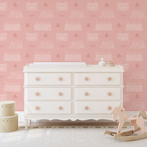 Pink peel and stick wallpaper with white castle pattern