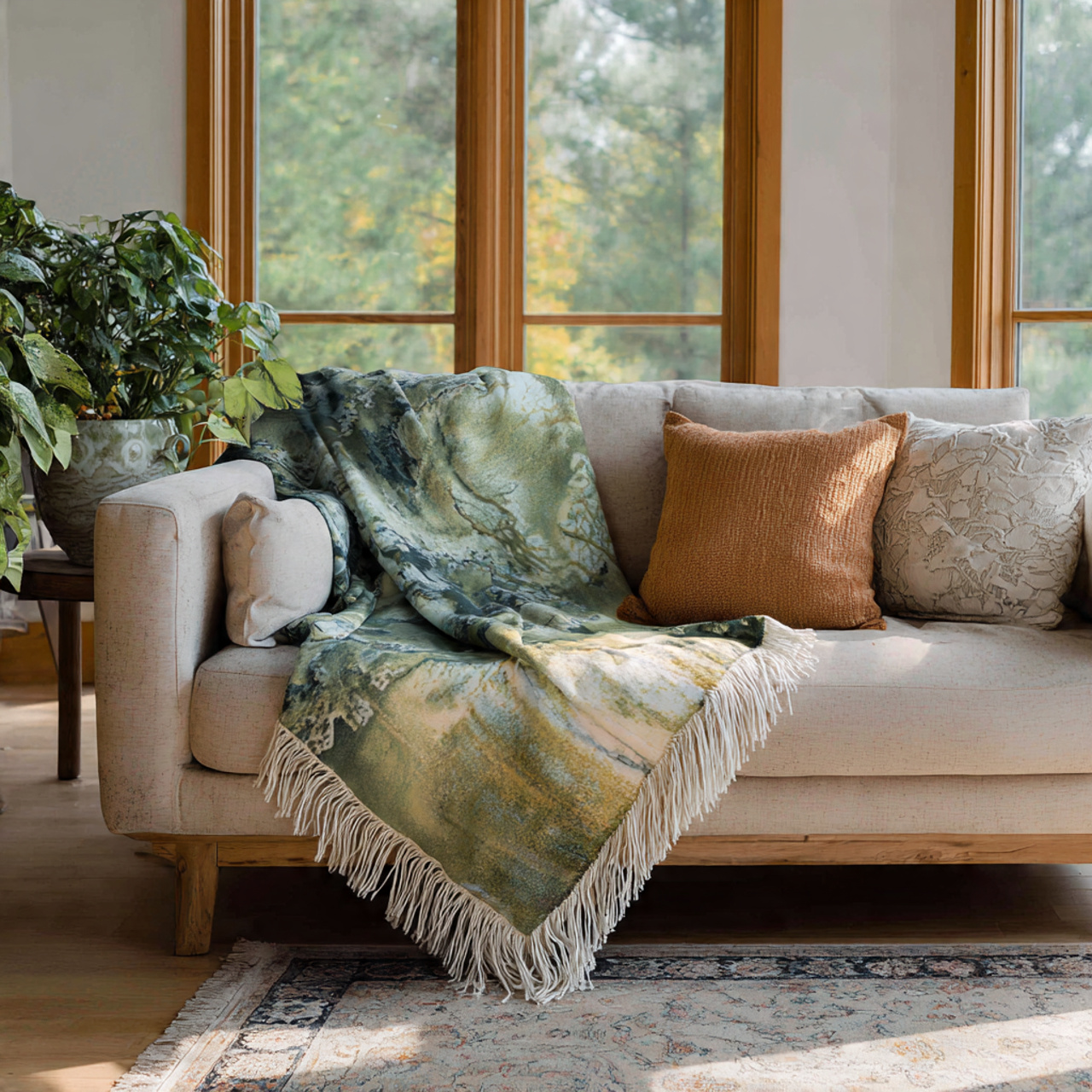 Personalized throw blanket on a couch