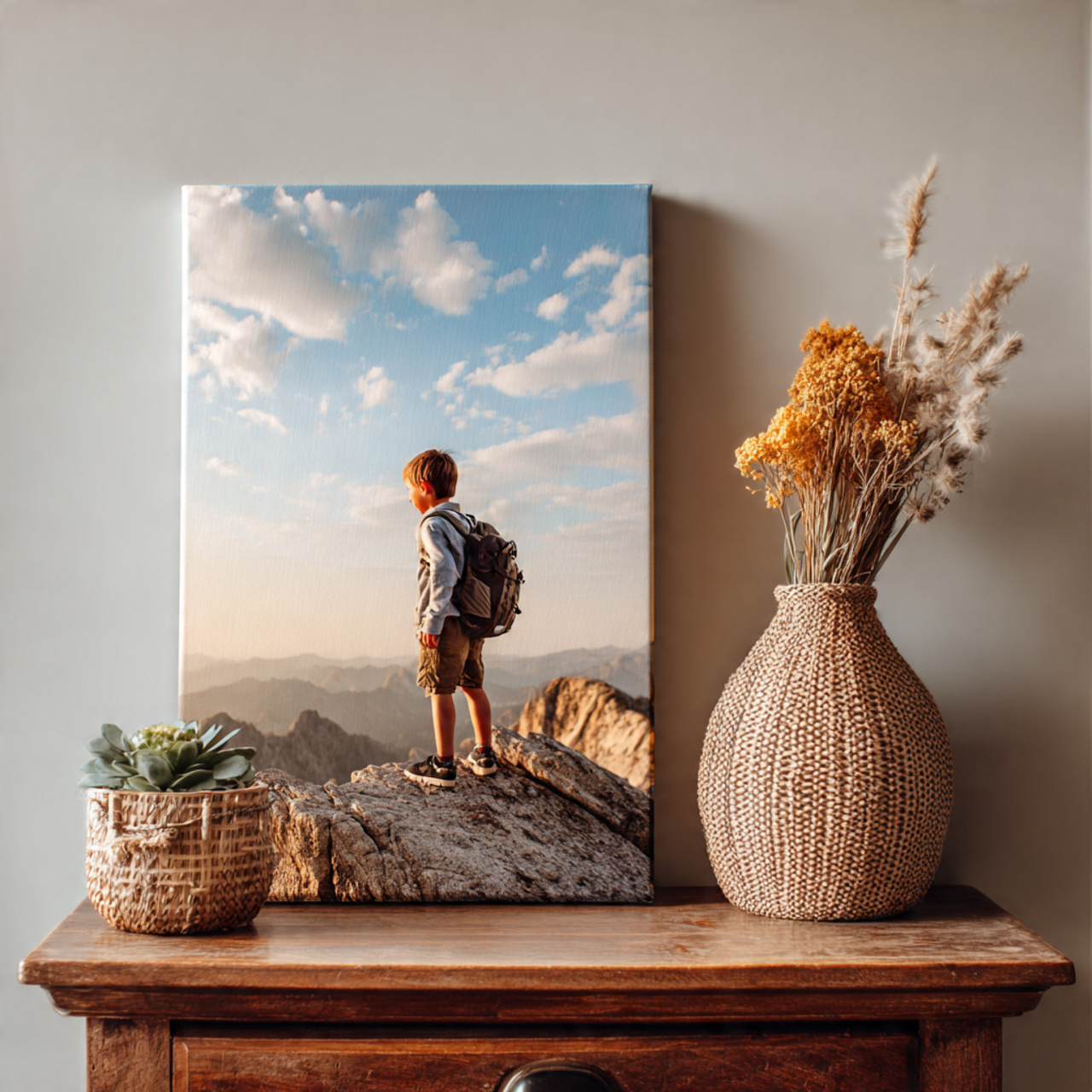 custom canvas print standing on a side table leaning against a wall with a picture of a boy with backpack looking over a cliff