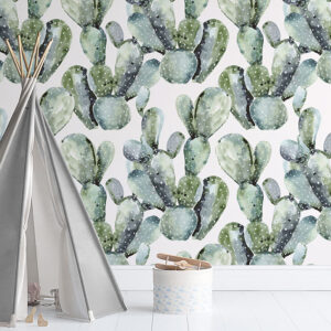 peel and stick vinyl wallpaper with repeating cacti design