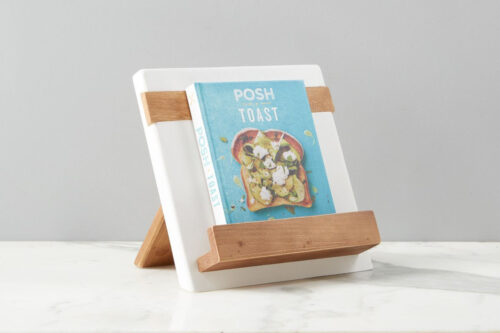 white decorative ipad cookbook holder