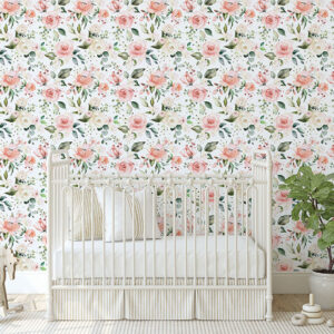 Pink rose and greenery pattern printed on peel and stick wallpaper