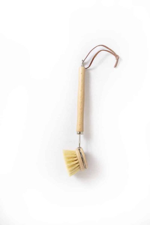 Beech Wood Dish Brush with Leather Strap, Natural
