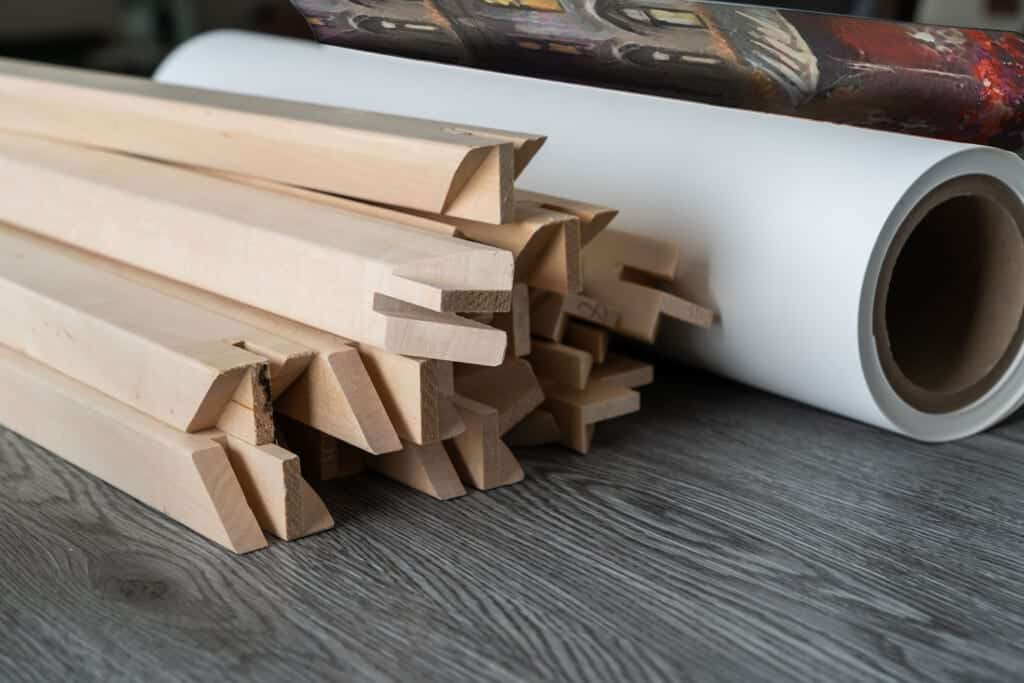 Unstretched canvas and frame pieces unassembled