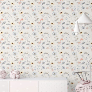 floral art and blue poppy design printed on removable peel and stick wallpaper