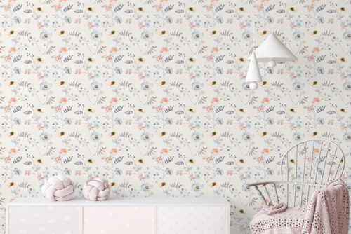 floral art and blue poppy design printed on removable peel and stick wallpaper
