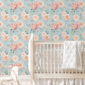 peel and stick wallpaper with flower bouquet pattern and pastel blue background