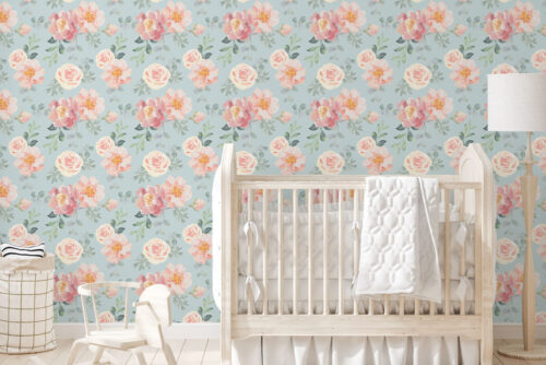 peel and stick wallpaper with flower bouquet pattern and pastel blue background
