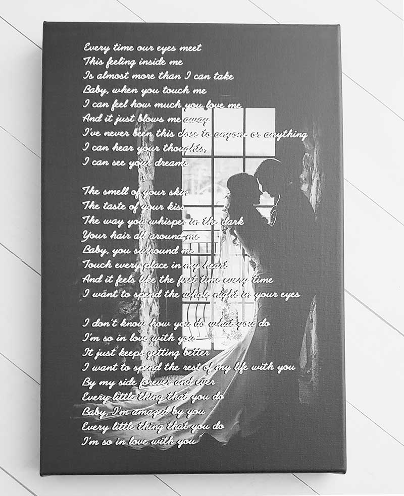 Customized canvas black and white canvas photo print with wedding couple and poem