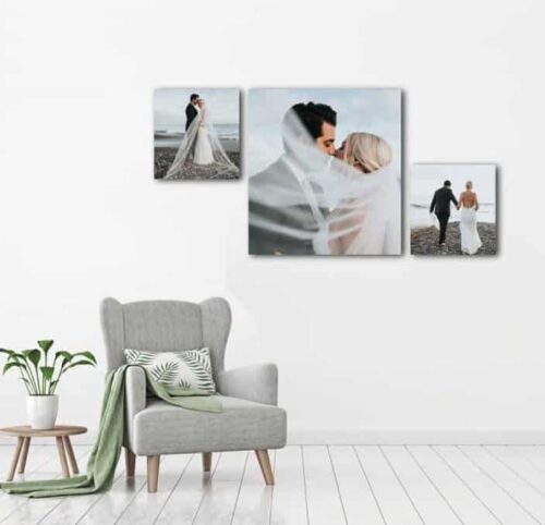 Large canvas photo wall display mounted in living room