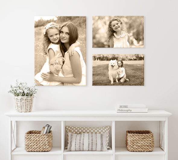 3 canvas photo prints hanging together to make photo cluster wall display