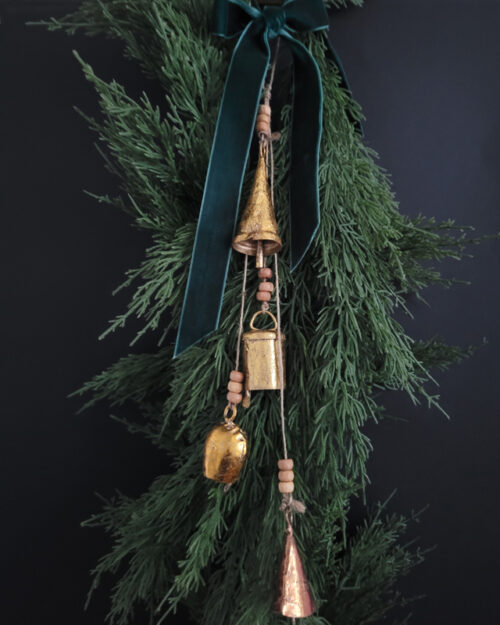 Cluster of bells on rope with distressed copper and gold finish, great for holiday decor