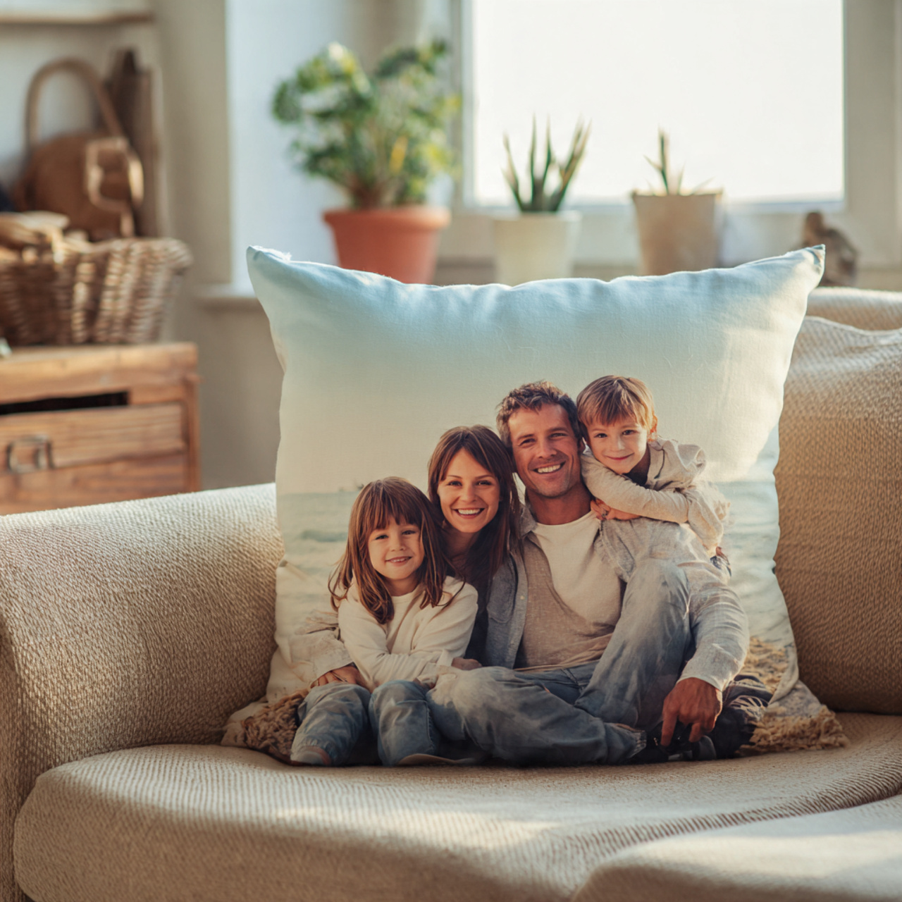 Family photo pillow on sofa