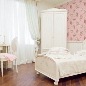 Pink removable wallpaper with white swan and floral design