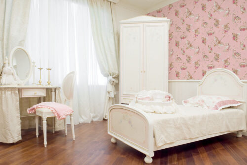 Pink removable wallpaper with white swan and floral design
