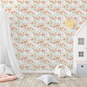 Pink flowers and greenery pattern on peel & stick wallpaper