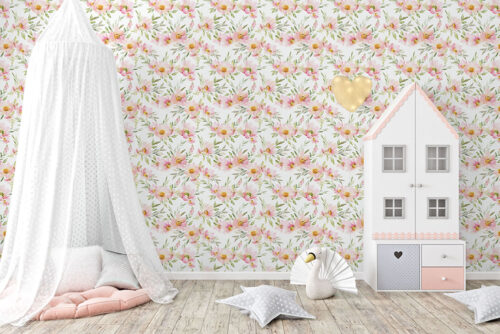 Pink flowers and greenery pattern on peel & stick wallpaper