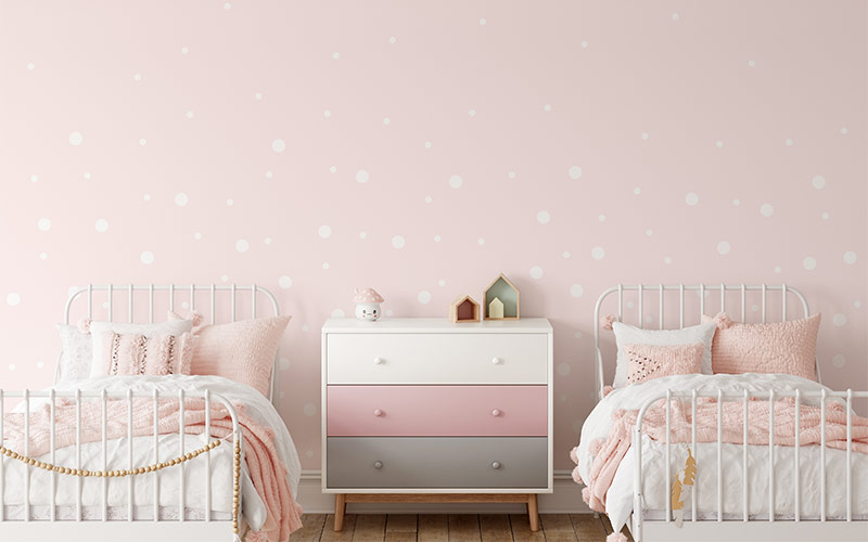 Decorative white dots vinyl peel and stick wall decals in girls bedroom