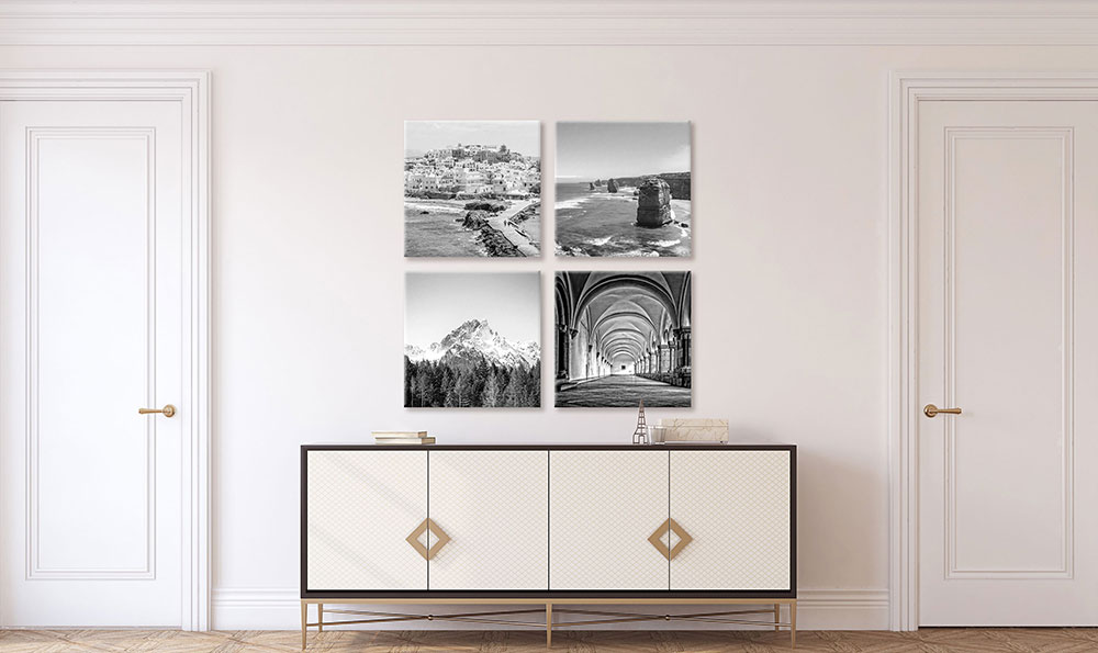 Modern style hallway with console and black and white canvas wall art displays