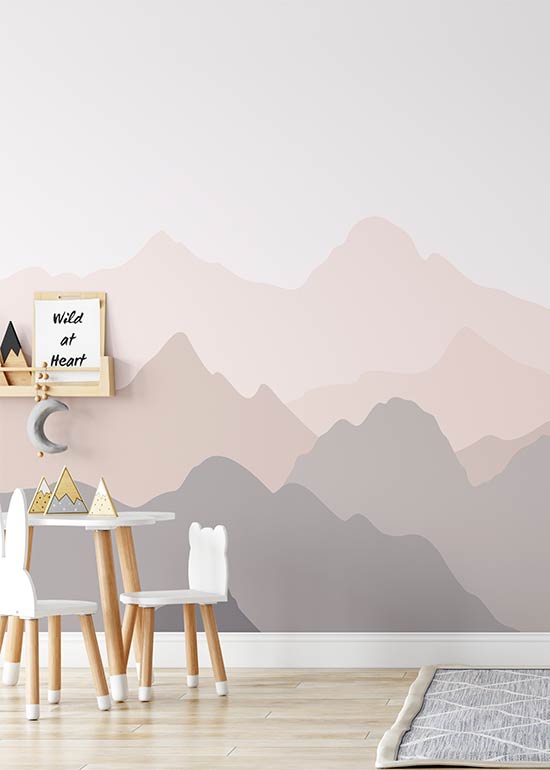 Self adhesive peel and stick vinyl wall mural of mountains in kids room