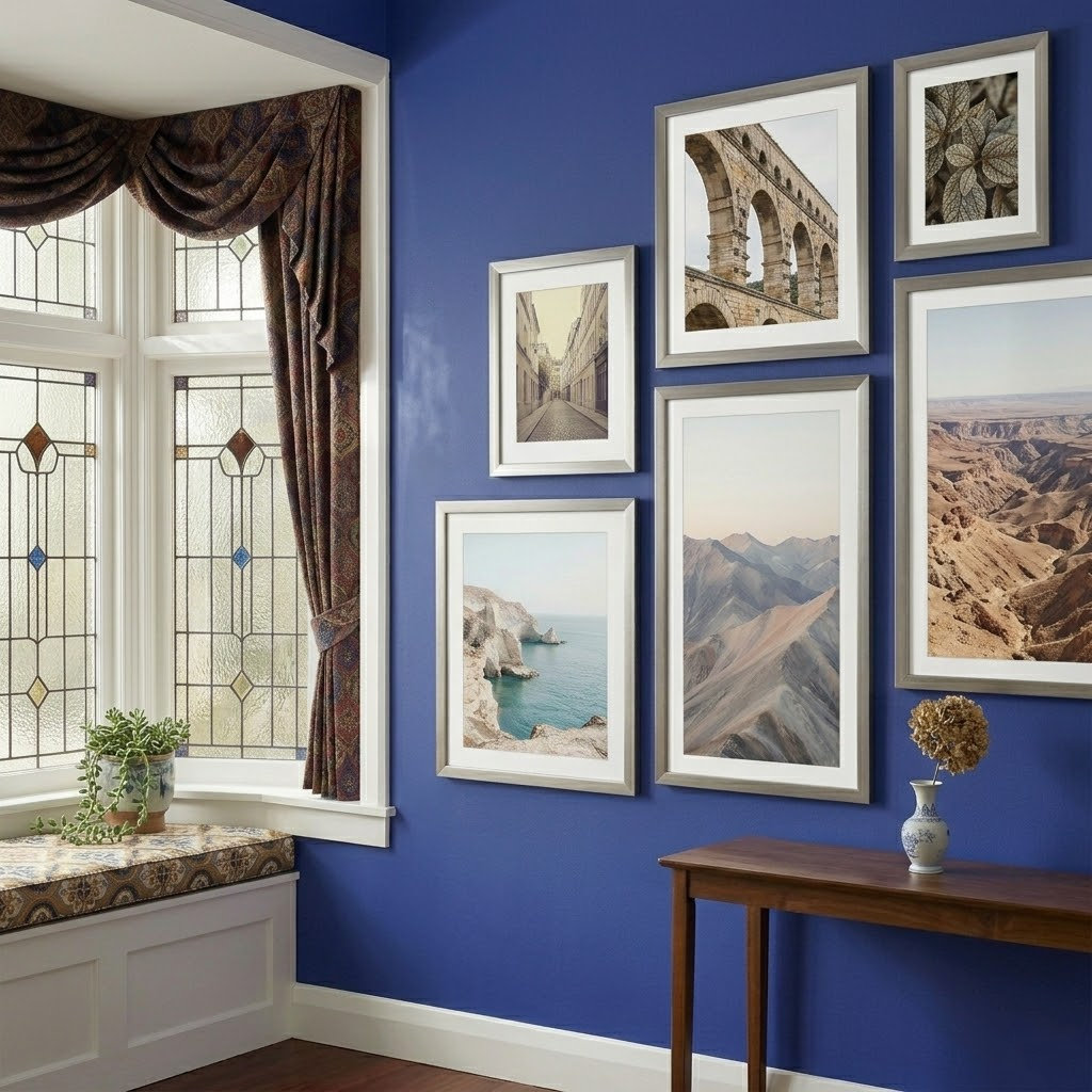 Metallic framed photo prints on royal blue wall