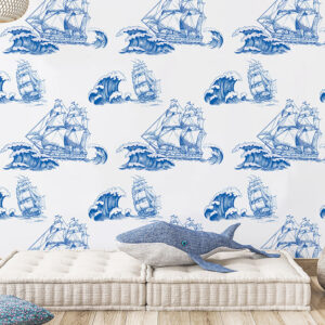 Blue ship and ocean wave pattern printed on self adhesive wallpaper