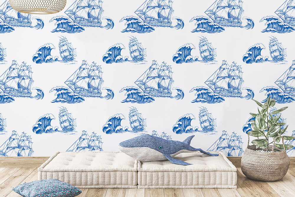 Blue ship and ocean wave pattern printed on self adhesive wallpaper