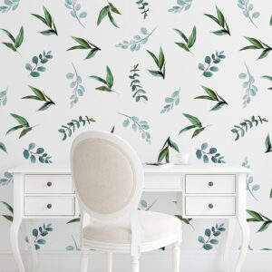 natural green and blue leafs pattern printed on peel and stick wallpaper