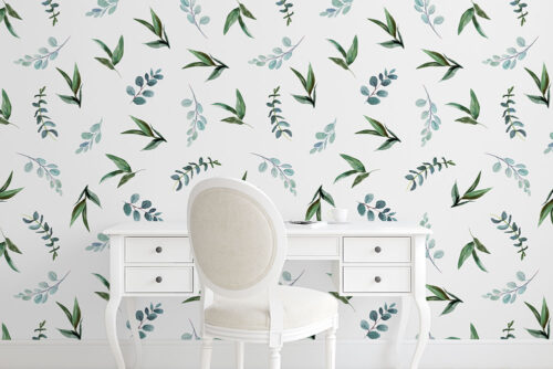 natural green and blue leafs pattern printed on peel and stick wallpaper