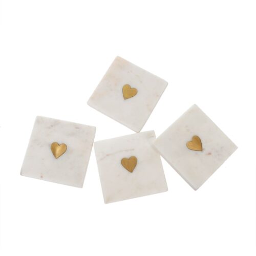 4 pc set marble coasters with brass hearts